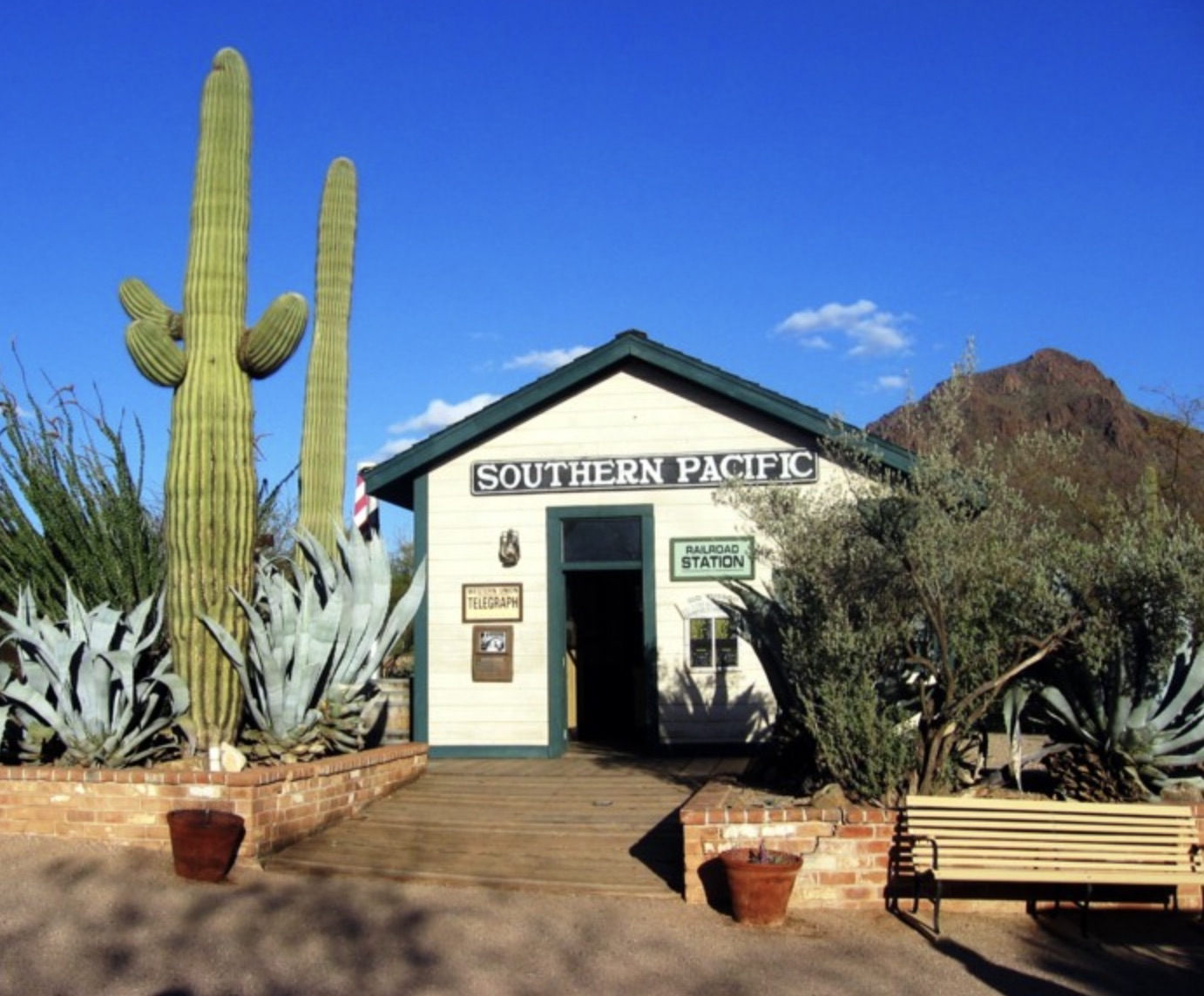 A railroad station building near the Old Tucson Studios entrance 